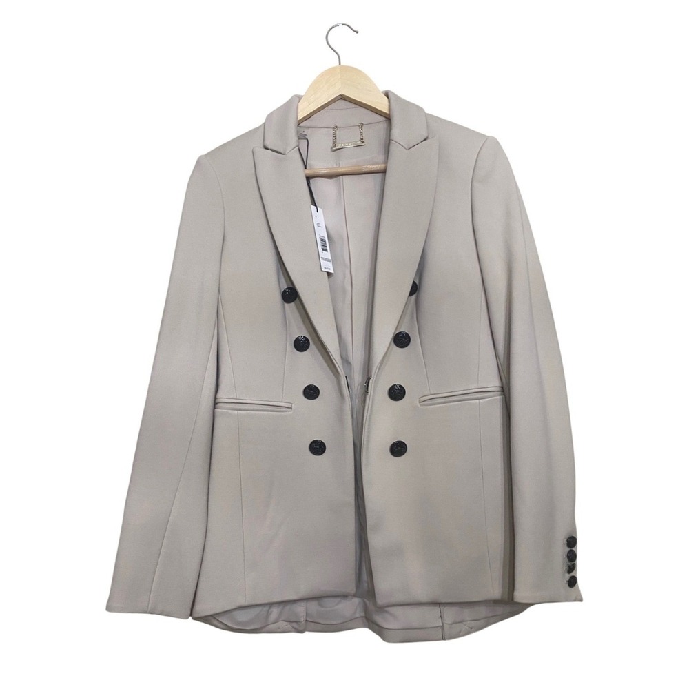 Tahari Double Breasted Blazer‎ Light Wood Beige Black Buttons TH95240 Size 4 NWT